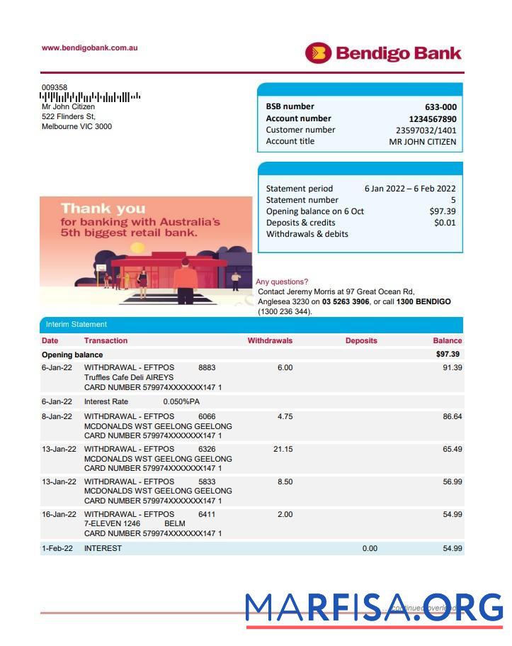 Realistic Australia Bendigo bank statement excel template